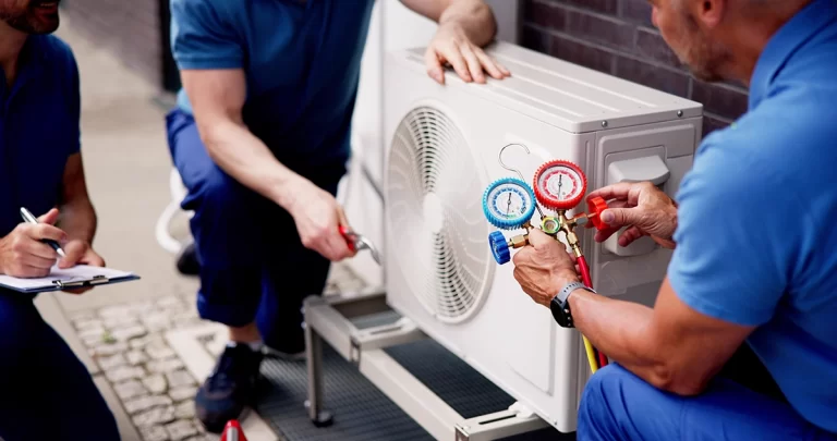 HVAC technicians checking refrigerant gauges during refrigerant cycle testing on an outdoor air conditioning unit