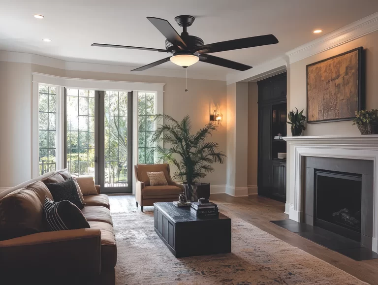 Ceiling fan direction for summer in a bright living room with a modern ceiling fan